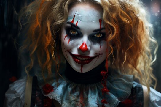 Painted Girl vampire clown mouth. Fashion art. Generate Ai