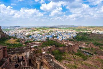 Overlooking the old town of Jodhpur, the "Blue City" composed of Brahmin houses. Mehrangarh Fort is in Jodhpur, Rajasthan, India. UNESCO World Heritage Site.