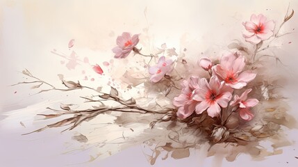 Blossom art. A parchment with a delicate real flowers, art tools, and splashes of paint. Glamorous floral design art. 