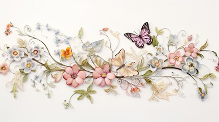 Butterfly garden. An arrangement featuring parchment, wildflowers, and delicate butterfly replicas. Wallpaper texture, celebration card, floral design. 