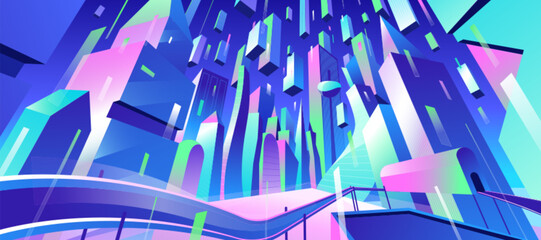 Metaverse future cityscape with skyscrapers, perspective view. Night city street with neon glow buildings and road. Megalopolis in darkness. Urban architecture vector panoramic flat illustration.