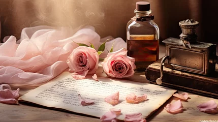  Love letter theme with parchment, a vintage ink bottle, and scattered soft pink rose petals. Jewellery, gem, fashion, wedding or celebration card, voucher, wallpaper texture.  © Dannchez