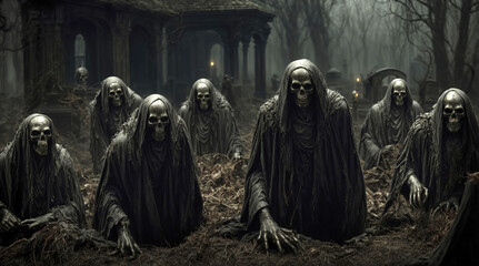 Naklejka premium Resurrection of dark skeleton creatures in a cemetery at night