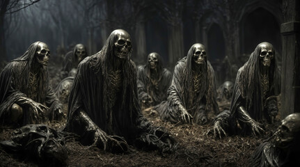 Resurrection of dark skeleton creatures in a cemetery at night