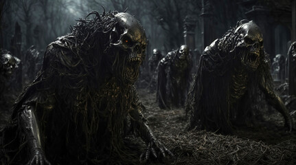 Resurrection of dark skeleton creatures in a cemetery at night