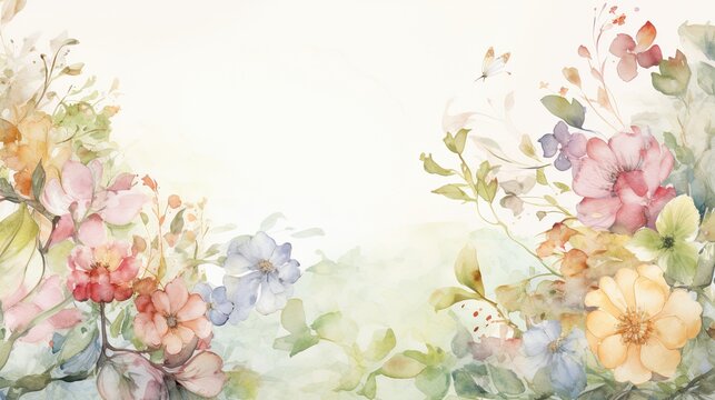 Photograph of a parchment with delicate watercolor floral texture, fresh flowers in art and reality. 