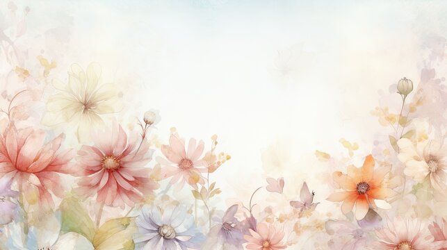 Photograph of a parchment with delicate watercolor floral texture, fresh flowers in art and reality. 