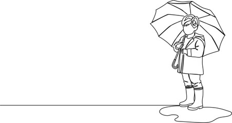 continuous single line drawing of young boy wearing raincoat and rubber boots holding an umbrella, line art vector illustration
