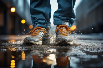 A close-up of the sneakers in wet weather.