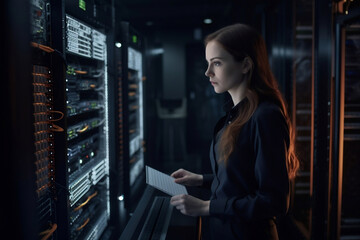 Fototapeta na wymiar Female IT Specialist working at futuristic data center generative ai