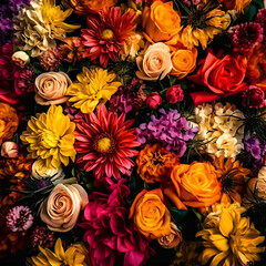 Colorful bouquet of flowers as a background. Top view.