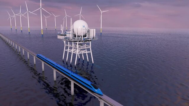 Future. A high-speed maglev train raced along wind farms and hydrogen factories. 3d rendering.