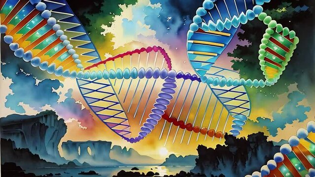 Shattered DNA. Generative AI. An animated morphing multi-colored video of broken DNA.