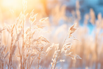 Fototapeta premium Winter atmospheric landscape with frost-covered dry plants during snowfall.