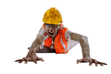 A scary construction worker zombie with blood and wounds on his body crawling