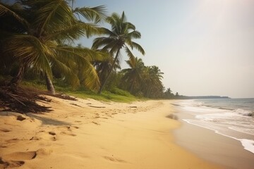 Gorgeous tropical shore with palm trees, blurry golden sand and abundant nature in a summer scene. Generative AI