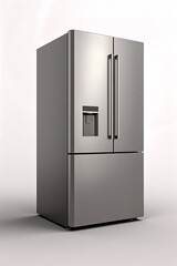 Gray modern refrigerator on white background.