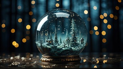Magical empty snow globe on dark background. Christmas snow globe. Generative AI