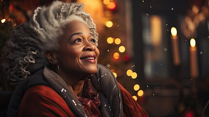 Fototapeta na wymiar Thoughtful senior african american women wearing santa claus hat and have face time. Cool Christmas concept. Generative AI