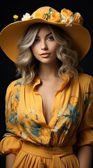 Beautiful attractive stylish woman in yellow dress and straw hat holding daisy flower romantic mood posing on background. Smile emotion illustration. Generative AI