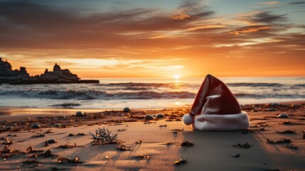 Human footprints on a sandy beach with Santa Claus hat at sunset. Cool Christmas concept. Generative AI