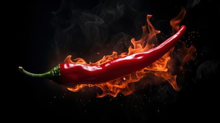 Red hot chili pepper in fire on black background. Chili pepper burning in fire - obrazy, fototapety, plakaty