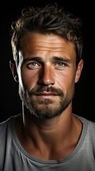 Obraz premium Close up portrait of smiling handsome man in white t-shirt on background. Man face portrait illustration. Generative AI