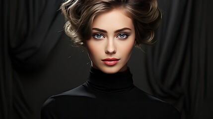 Black and white fashion art studio portrait of beautiful elegant woman in black turtleneck. Hair is collected in high beam. Model portrait illustration. Generative AI