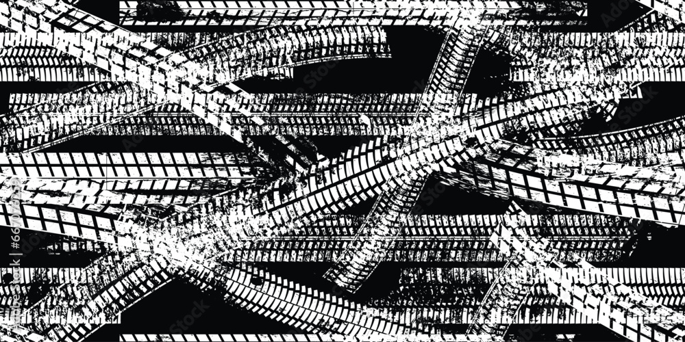 Aufkleber Tire track seamless pattern. Grange tread marks .Grunge textured vector car tread . Car trails endless pattern texture. Tyre track seamless texture. Wheel tire tread track background