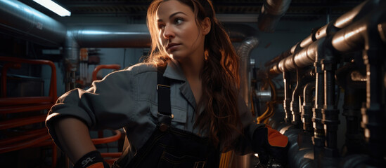 Woman plumber working near metal pipes indoor, female professional occupation