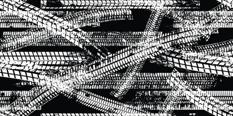Tire track seamless pattern. Grange tread marks .Grunge textured vector car tread . Car trails endless pattern texture. Tyre track seamless texture. Wheel tire tread track background © miloje