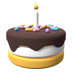 Cartoon style birthday cake. Birthday cake with candle. Party surprise decoration. 3D rendering