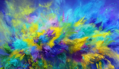 Selbstklebende Fototapete Gemixte farben Amazing large explosion of cloudy yellow, blue, purple and green powder