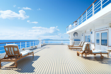 Empty open deck on a cruise ship on the sea in a sunny day - obrazy, fototapety, plakaty