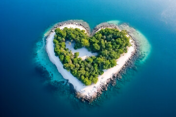Aerial view of a heart shaped tropical island
