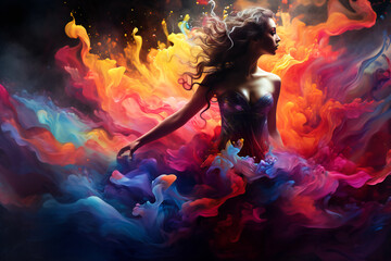 Creative colorful image with a girl in the middle of colorful waves of powder or paint