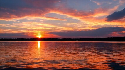 Fototapeta premium Stunning sunset on the lake, purple sky.