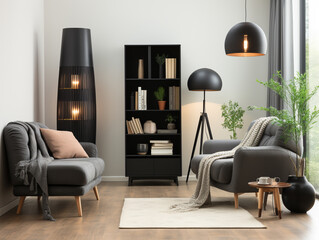 Modern minimalist style, living room, sofa, gray interior showcase, soft furniture.