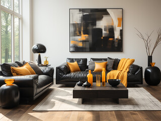 Modern minimalist style, living room, sofa, gray interior showcase, soft furniture, picture frames