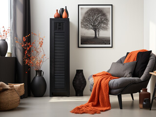 Modern minimalist style, living room, sofa, gray interior showcase, soft furniture, picture frames