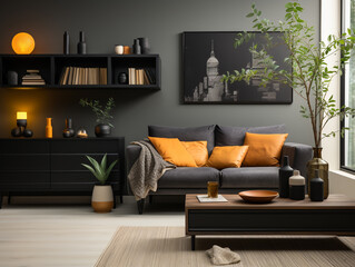 Modern minimalist style, living room, sofa, gray interior showcase, soft furniture, picture frames