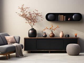 Modern minimalist style, living room, black sofa, white interior showcase, soft furniture.