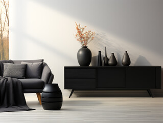 Modern minimalist style, living room, sofa, gray interior showcase, soft furniture.