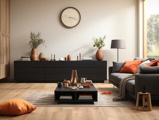 Modern minimalist style, living room, black sofa, white interior showcase, soft furniture.