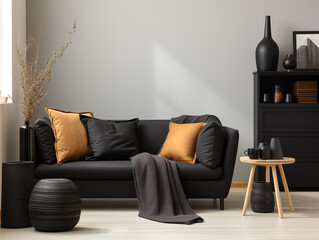 Modern minimalist style, living room, black sofa, white interior showcase, soft furniture.