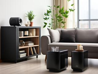 Modern minimalist style, living room, sofa, gray interior showcase, soft furniture.