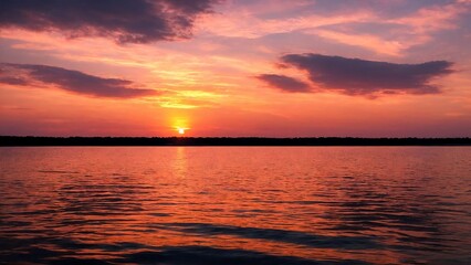 Obraz premium Stunning sunset on the lake, purple sky.