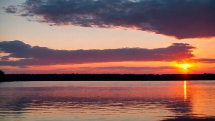 Obraz premium Stunning sunset on the lake, purple sky.