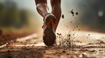 Woman running on asphalt road, detail to her trainer shoe from behind, some sand or mud flying in...