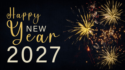 HAPPY NEW YEAR 2027 - Festive silvester New Year's Eve Sylvester Party concept background greeting card with text - Golden yellow fireworks in the dark black blue night